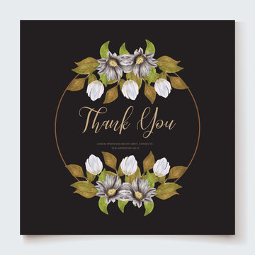 WEDDING INVITATION FRAME WITH FLOWER DECORATIONS AND FRESH LEAVES