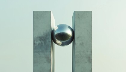 Poster - A Sphere Is Trapped Amid Two Columns, Testing Pressure, Balance, Tension And Stress In This Abstract Geometric Shapes Render.