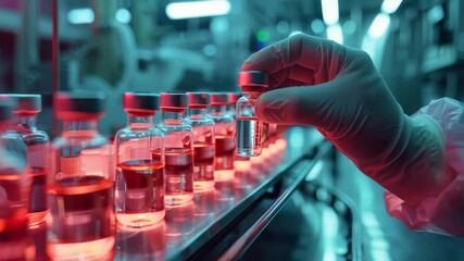 Fototapete - A scientist in protective gear examines vials on a production line in a clean, controlled environment during the production of medicine or vaccine. The bottles glow with red illumination.