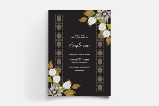 WEDDING INVITATION FRAME WITH FLOWER DECORATIONS AND FRESH LEAVES