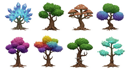 Poster - Pixel Art Trees Collection with Various Colors and Styles in a Fantasy Theme on Transparent Background