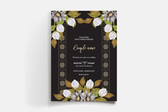 WEDDING INVITATION FRAME WITH FLOWER DECORATIONS AND FRESH LEAVES