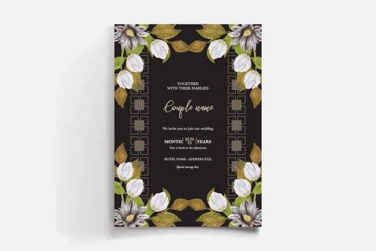 WEDDING INVITATION FRAME WITH FLOWER DECORATIONS AND FRESH LEAVES