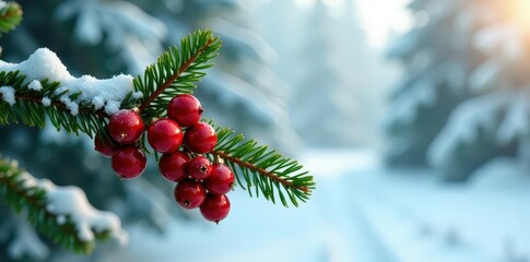 Vibrant fir bough, glossy cones, snowy backdrop , backdrop, outdoor, tree