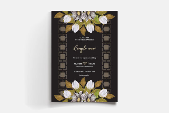WEDDING INVITATION FRAME WITH FLOWER DECORATIONS AND FRESH LEAVES