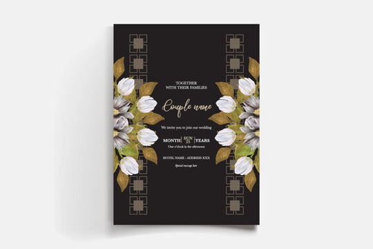 WEDDING INVITATION FRAME WITH FLOWER DECORATIONS AND FRESH LEAVES