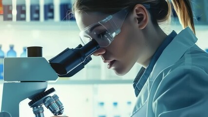 Aufkleber - A scientist wearing a lab coat and safety goggles intensely examines a sample under a microscope in a modern laboratory. The focus is on her work and the tools of scientific discovery.