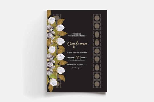 WEDDING INVITATION FRAME WITH FLOWER DECORATIONS AND FRESH LEAVES