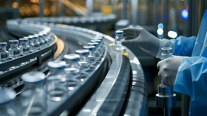 Poster - an assembly line produces vials in a pharmaceutical setting. gloved hands carefully examine a vial, 