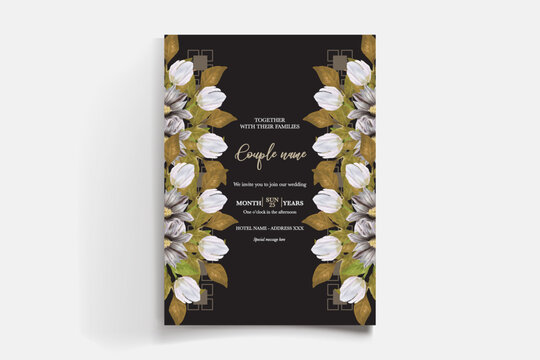 WEDDING INVITATION FRAME WITH FLOWER DECORATIONS AND FRESH LEAVES