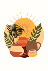 Poster - Bohemian Pottery: A vibrant bohemian style composition featuring terracotta pottery, sun, and leafy plant illustrations, celebrating an aesthetic of natural textures and earthy tones.
