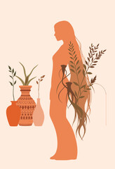 Poster - Silhouette of a Woman and Botanical Decor: A harmonious and artistic illustration featuring a woman's silhouette adorned with floral elements, accompanied by decorative vases.