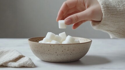 Poster - Woman is picking up a sugar cube from a bowl, symbolizing sugar reduction, no added sugar, and the increasing awareness of the dangers of excessive sugar consumption in modern diets