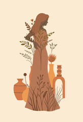 Poster - Nature's Embrace: A Silhouette of elegance, adorned with floral designs and a sense of serenity, standing amidst pottery, blossoms, and botanical elements. 