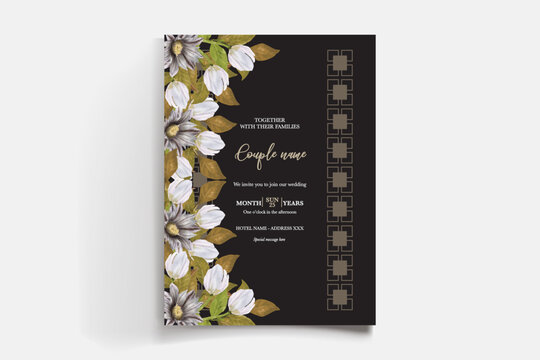 WEDDING INVITATION FRAME WITH FLOWER DECORATIONS AND FRESH LEAVES