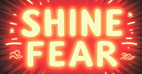 Fototapete - Bright yellow text reads Shine Fear against red background. Lines radiate outward, creating dynamic visual effect. Bold typography dominates composition.