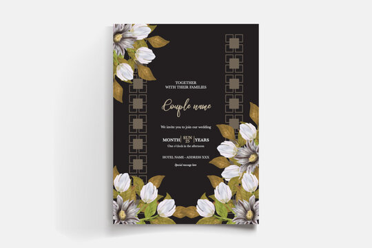 WEDDING INVITATION FRAME WITH FLOWER DECORATIONS AND FRESH LEAVES