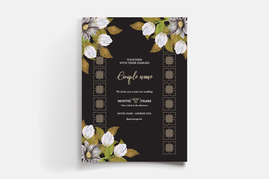 WEDDING INVITATION FRAME WITH FLOWER DECORATIONS AND FRESH LEAVES