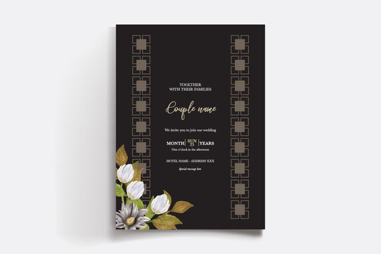WEDDING INVITATION FRAME WITH FLOWER DECORATIONS AND FRESH LEAVES