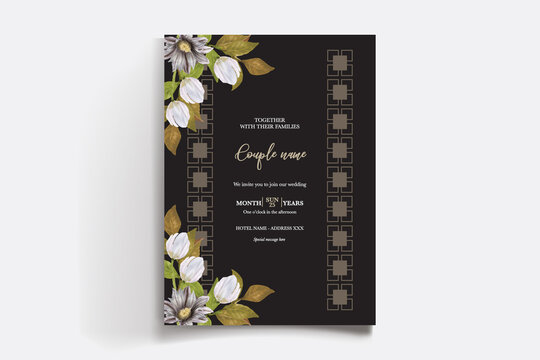 WEDDING INVITATION FRAME WITH FLOWER DECORATIONS AND FRESH LEAVES