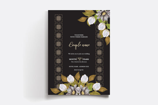 WEDDING INVITATION FRAME WITH FLOWER DECORATIONS AND FRESH LEAVES