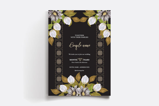 WEDDING INVITATION FRAME WITH FLOWER DECORATIONS AND FRESH LEAVES