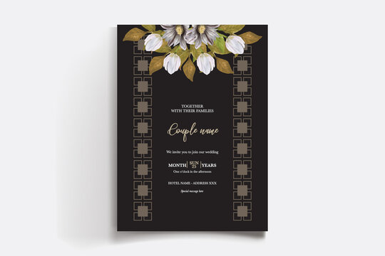 WEDDING INVITATION FRAME WITH FLOWER DECORATIONS AND FRESH LEAVES