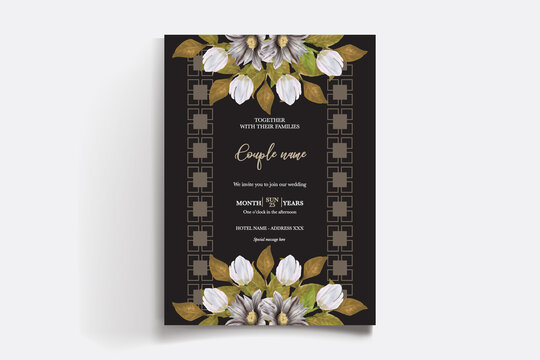 WEDDING INVITATION FRAME WITH FLOWER DECORATIONS AND FRESH LEAVES