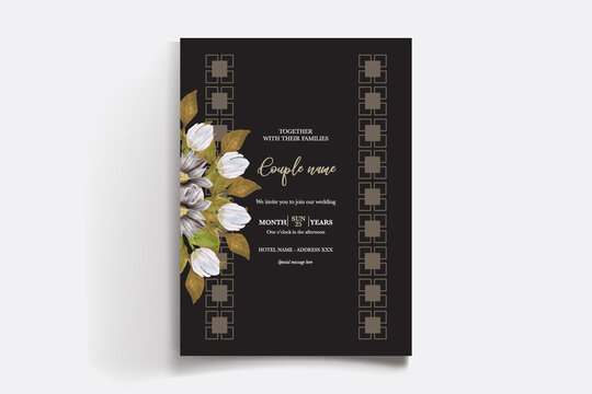 WEDDING INVITATION FRAME WITH FLOWER DECORATIONS AND FRESH LEAVES