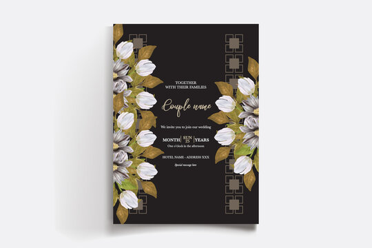 WEDDING INVITATION FRAME WITH FLOWER DECORATIONS AND FRESH LEAVES