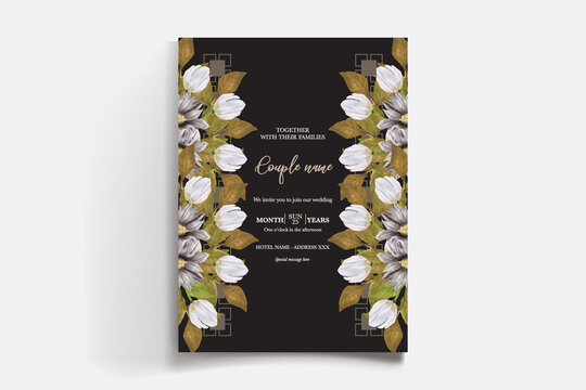 WEDDING INVITATION FRAME WITH FLOWER DECORATIONS AND FRESH LEAVES