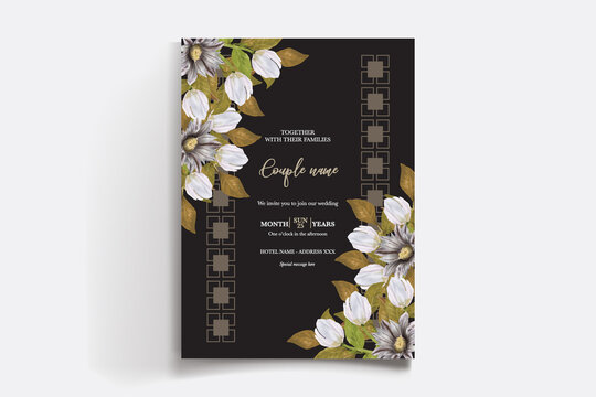 WEDDING INVITATION FRAME WITH FLOWER DECORATIONS AND FRESH LEAVES