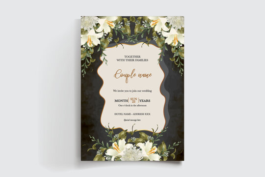 WEDDING INVITATION FRAME WITH FLOWER DECORATIONS AND FRESH LEAVES