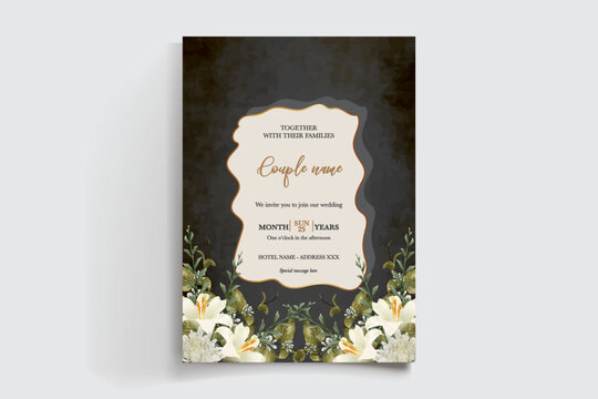 WEDDING INVITATION FRAME WITH FLOWER DECORATIONS AND FRESH LEAVES