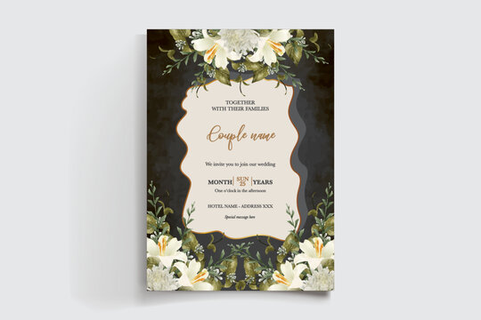 WEDDING INVITATION FRAME WITH FLOWER DECORATIONS AND FRESH LEAVES