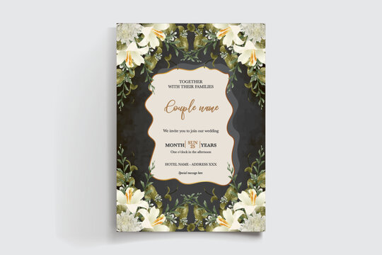 WEDDING INVITATION FRAME WITH FLOWER DECORATIONS AND FRESH LEAVES