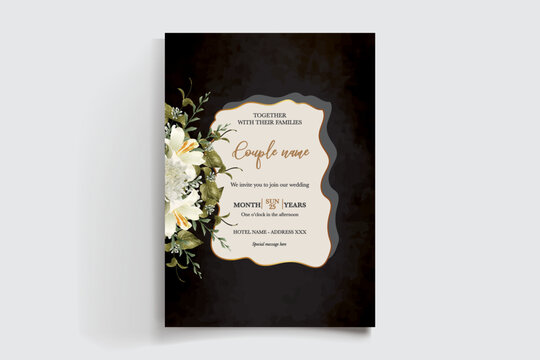 WEDDING INVITATION FRAME WITH FLOWER DECORATIONS AND FRESH LEAVES