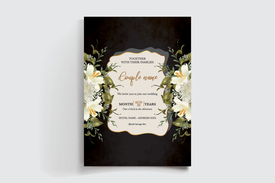 WEDDING INVITATION FRAME WITH FLOWER DECORATIONS AND FRESH LEAVES