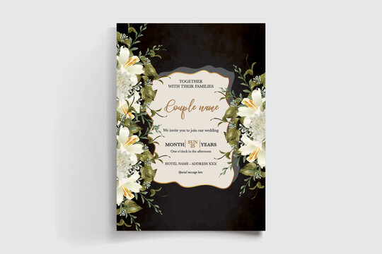 WEDDING INVITATION FRAME WITH FLOWER DECORATIONS AND FRESH LEAVES