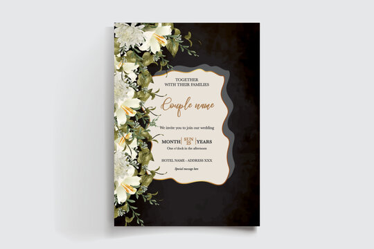 WEDDING INVITATION FRAME WITH FLOWER DECORATIONS AND FRESH LEAVES