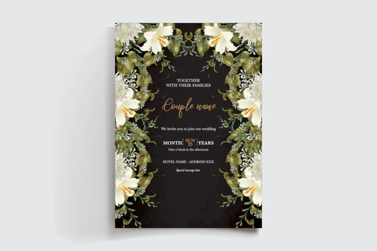 WEDDING INVITATION FRAME WITH FLOWER DECORATIONS AND FRESH LEAVES