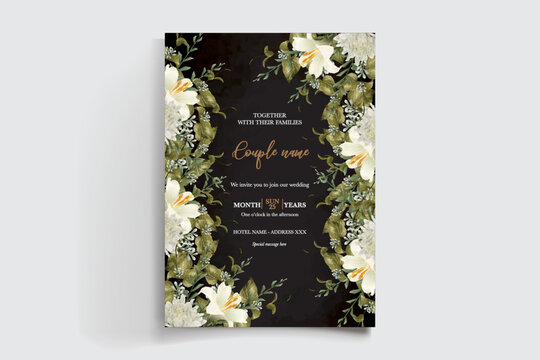 WEDDING INVITATION FRAME WITH FLOWER DECORATIONS AND FRESH LEAVES