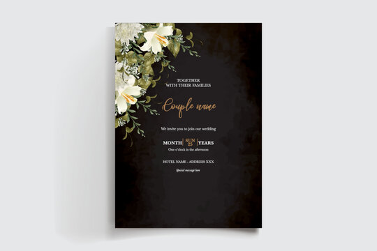 WEDDING INVITATION FRAME WITH FLOWER DECORATIONS AND FRESH LEAVES