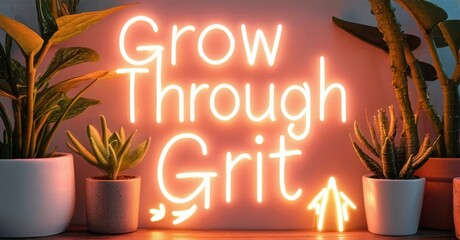 Poster - Neon sign displays inspirational quote amidst lush houseplants. Warm lighting creates cozy atmosphere. Simple, modern aesthetic.