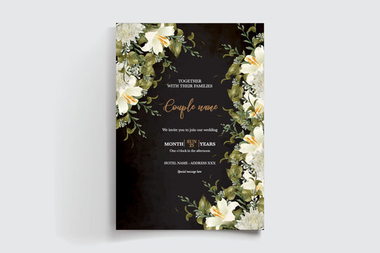 WEDDING INVITATION FRAME WITH FLOWER DECORATIONS AND FRESH LEAVES