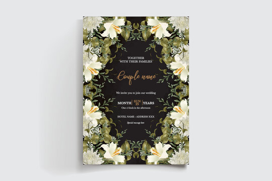 WEDDING INVITATION FRAME WITH FLOWER DECORATIONS AND FRESH LEAVES