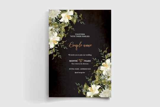 WEDDING INVITATION FRAME WITH FLOWER DECORATIONS AND FRESH LEAVES
