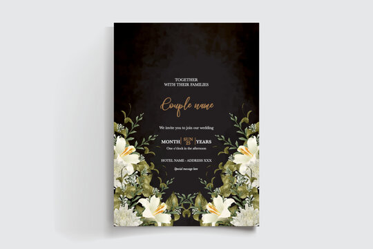 WEDDING INVITATION FRAME WITH FLOWER DECORATIONS AND FRESH LEAVES