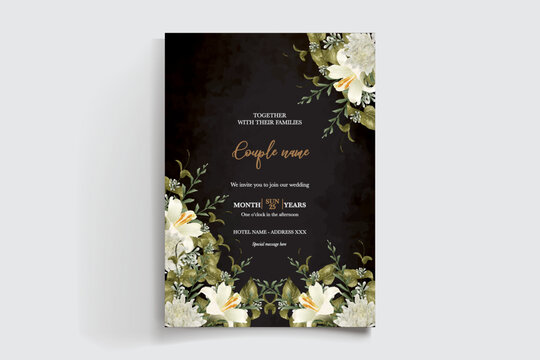 WEDDING INVITATION FRAME WITH FLOWER DECORATIONS AND FRESH LEAVES