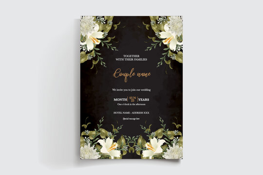 WEDDING INVITATION FRAME WITH FLOWER DECORATIONS AND FRESH LEAVES